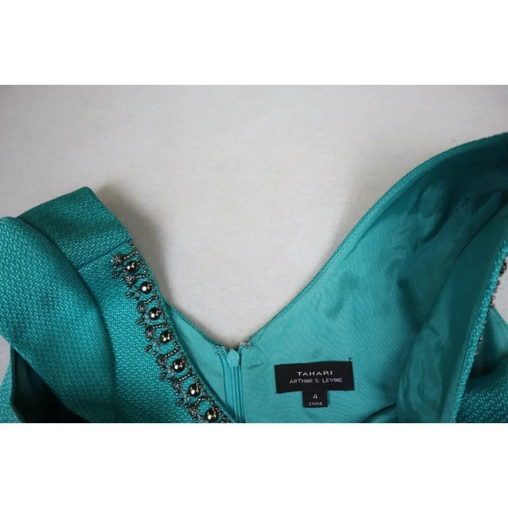 TAHARI - WOMEN'S TEAL GREEN SHEATH DRESS - BEADED NECKLINE - SIZE 4 - Picture 11 of 14